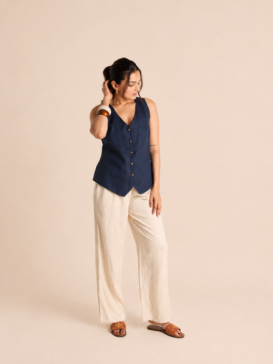 Frayed linen blue top